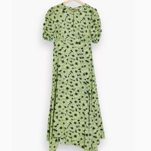 Topshop Green Daisy Print Ruched Sleeve Midi Dress